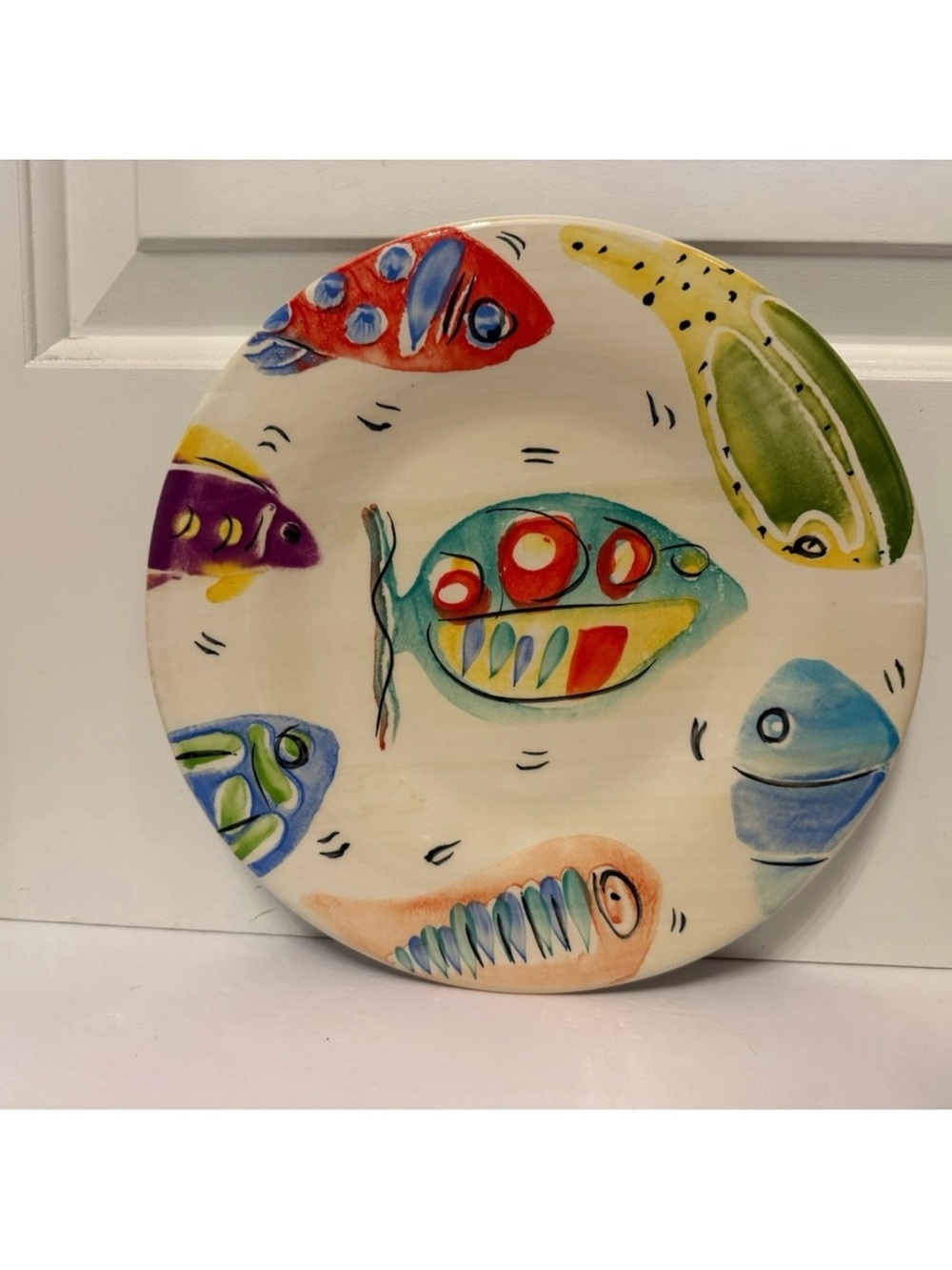 ANTICA FORNACE DINNER PLATE FISH PATTERN MULTICOLOR BLACK LINES ITALY HOME